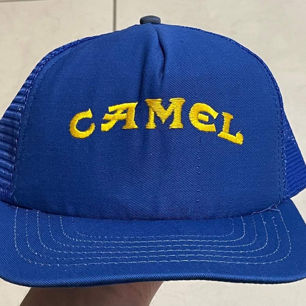 Vintage Camel Hat Cap Snap Back Blue Embroidered Advertising Mens Trucker 90s